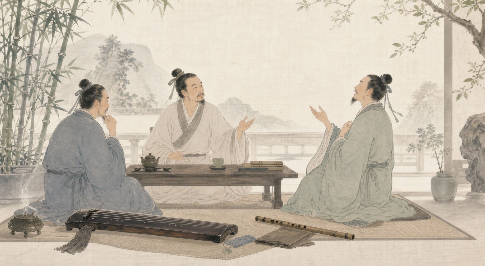 文人雅集，琴、竹笛与歌声相伴的插画
